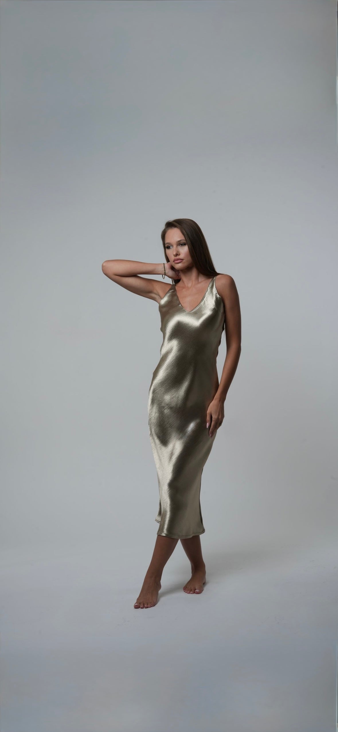 SATIN DRESS X LINEN JUMPER in metallic sage