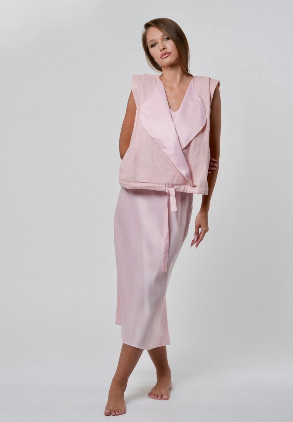 SATIN DRESS X LINEN JUMPER in baby pink TRIFECTA SATIN DRESS X LINEN JUMPER in baby pink TRIFECTA
