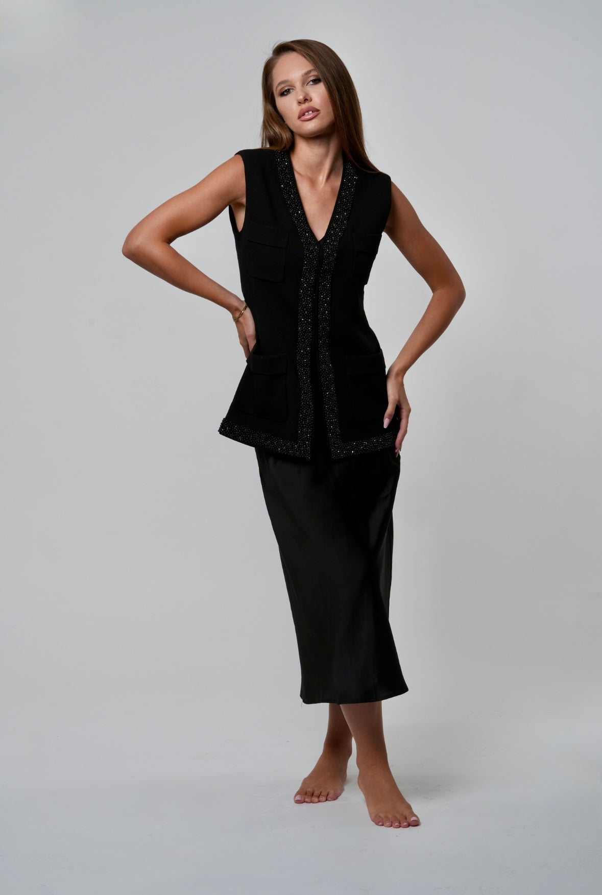 SATIN DRESS X EMBELLISHED VEST in noir TRIFECTA SATIN DRESS X EMBELLISHED VEST in noir TRIFECTA