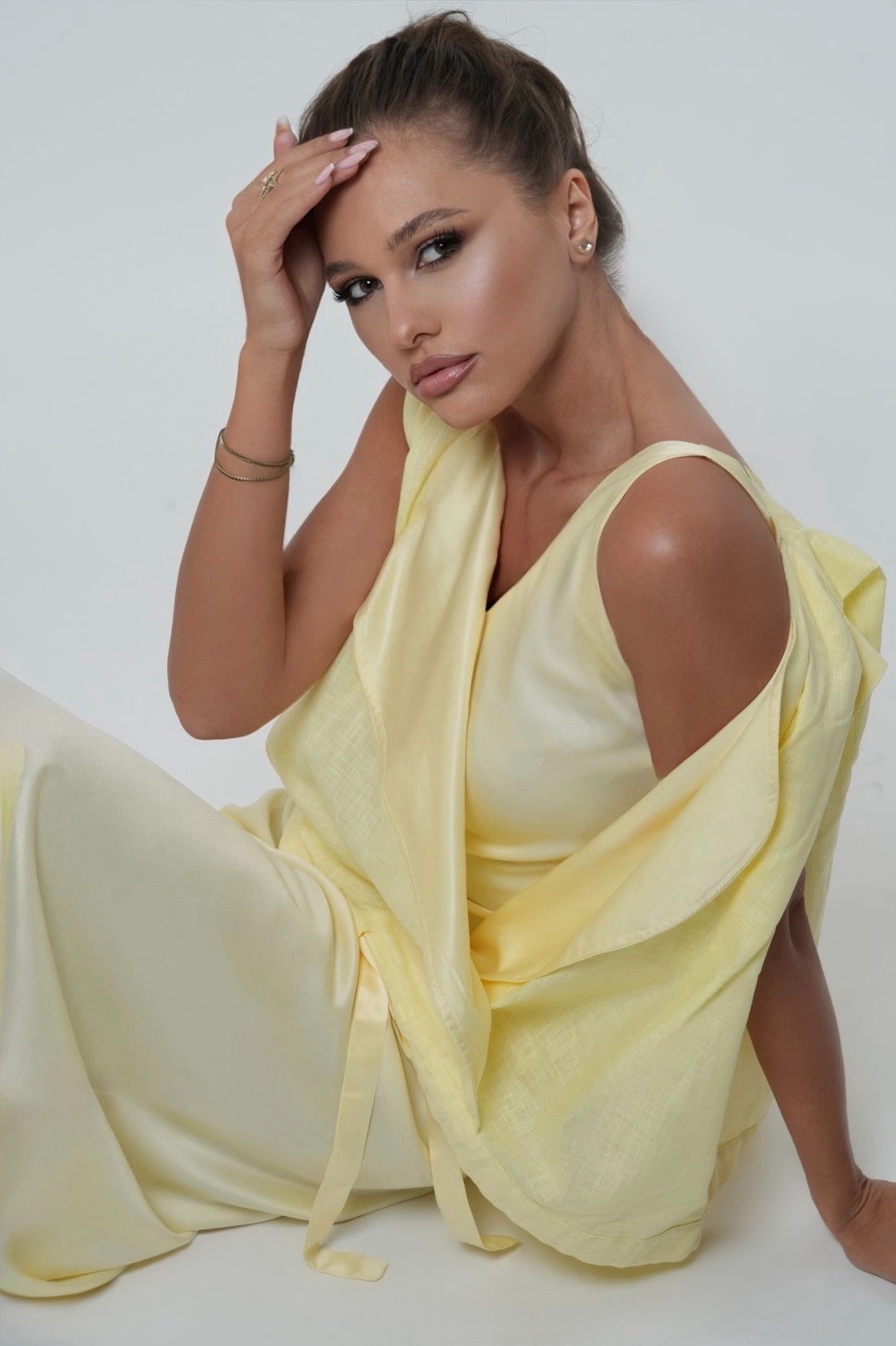 SATIN DRESS X LINEN JUMPER in lemon butter