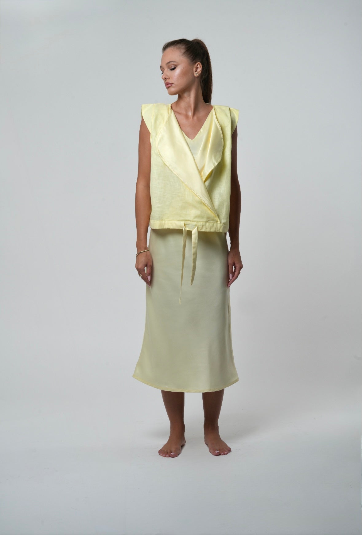 SATIN DRESS X LINEN JUMPER in lemon butter TRIFECTA SATIN DRESS X LINEN JUMPER in lemon butter TRIFECTA