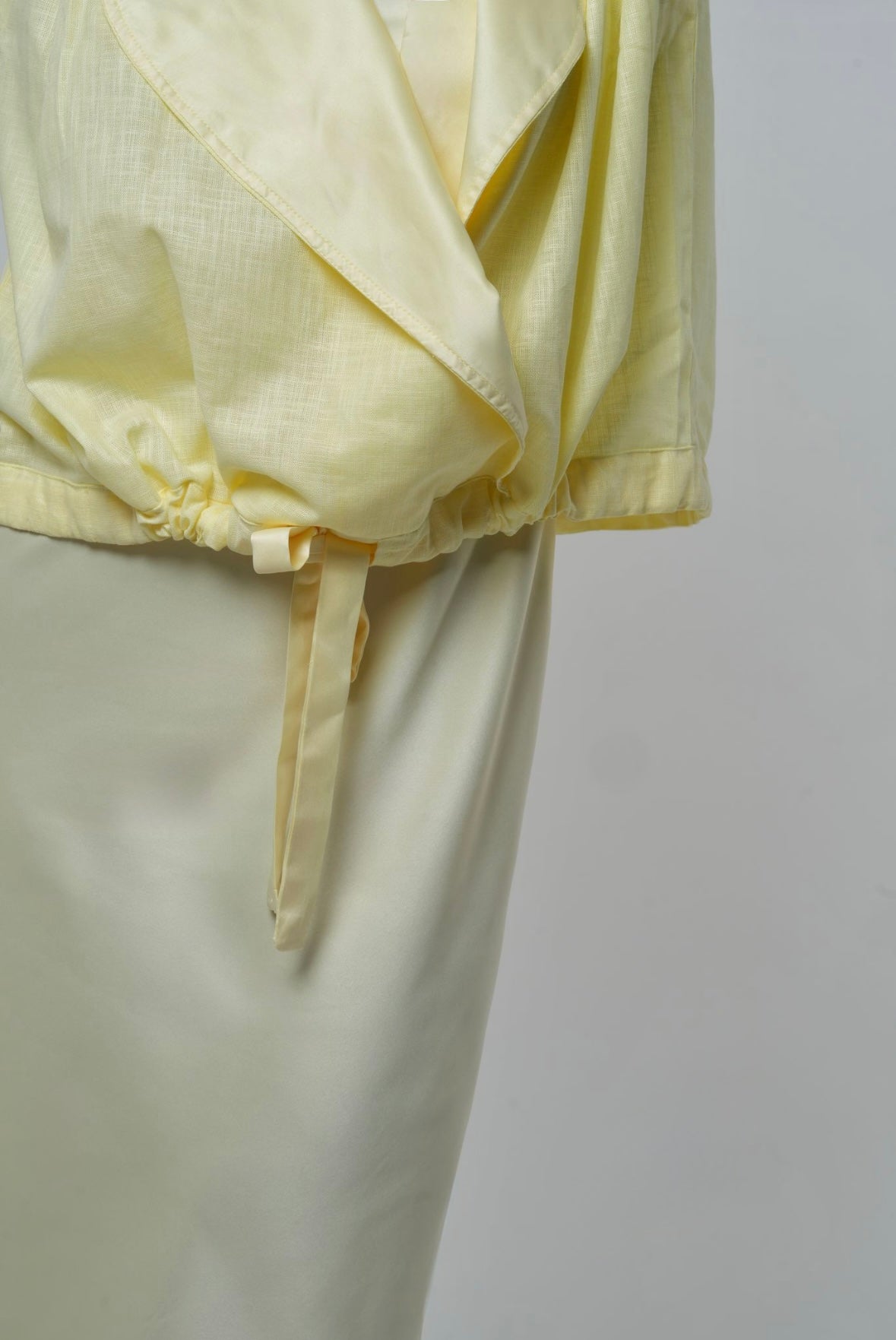 SATIN DRESS X LINEN JUMPER in lemon butter TRIFECTA SATIN DRESS X LINEN JUMPER in lemon butter TRIFECTA