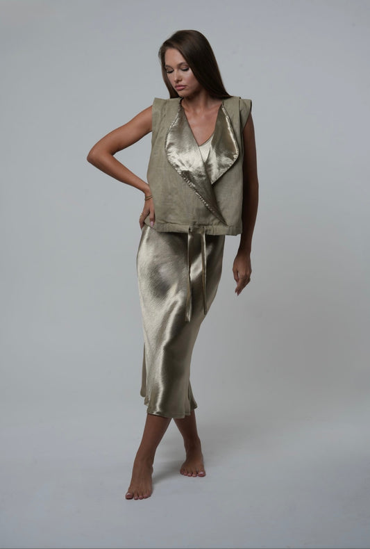 SATIN DRESS X LINEN JUMPER in metallic sage